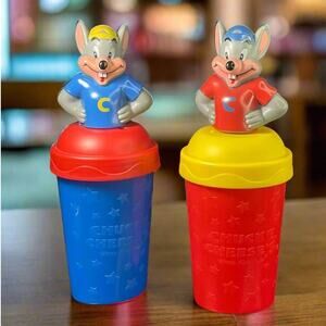 Two 2012 Chuck E. Cheese Inappropriate Straw Placement Collectible Banned Cups